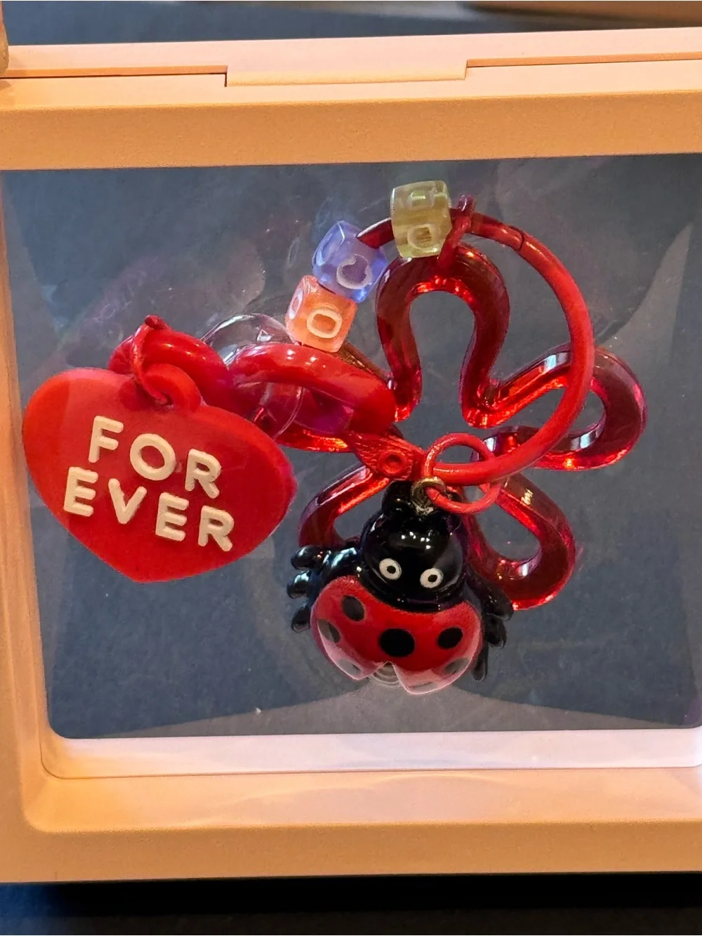 Red Ladybug Heart Charm Keychain for Kids - Playful Bag Accessory in Shadow Box